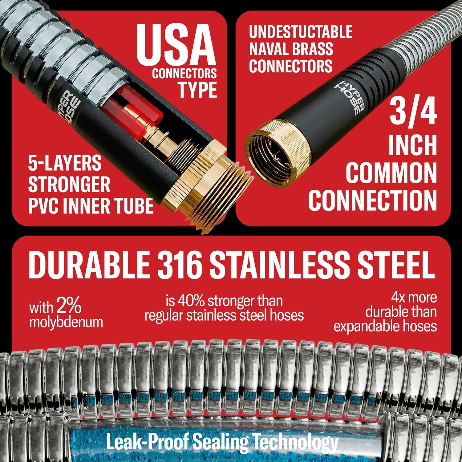 HyperHose Best 100 ft Metal Garden Hose - No-Kink Durable 316 Stainless Steel, Spray Nozzle & Hook – Tough Flexible Heavy Duty Water Hoses, Naval Brass, Rust, Weather, LeakProof