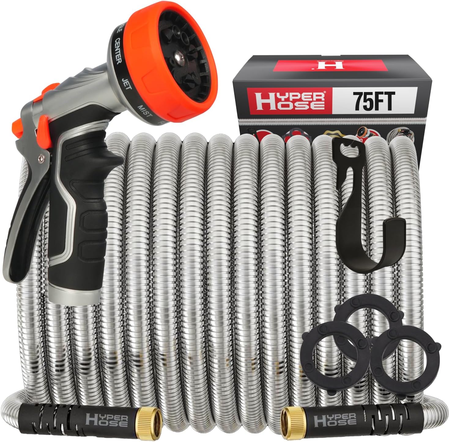 HyperHose Best 75 ft Metal Garden Hose Set - No-Kink Durable 316 Stainless Steel, 10-Way Zync Spray Nozzle & Hook – Tough Flexible Heavy Duty Water Hoses, Naval Brass, Rust, Weather, LeakProof