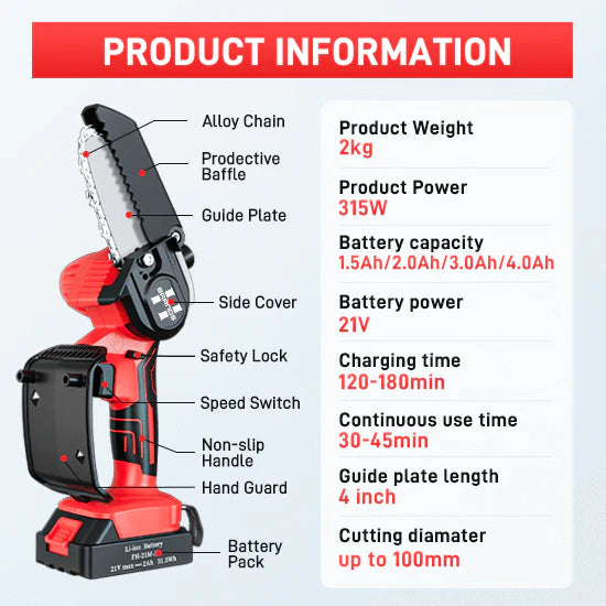 HyperTool 21V Mini Chainsaw Hand-held Powered Chain Saw Small Chainsaw Cordless Battery Mini Chainsaw for Courtyard Branch Wood Cutting (FHCS-501A1-01)