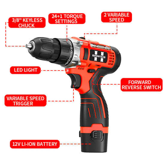 HyperTool Supplier Powerful Tools 12V Cordless Drill with 2 Batteries and Charger for Drilling and Screwing (FH-6912S-1)