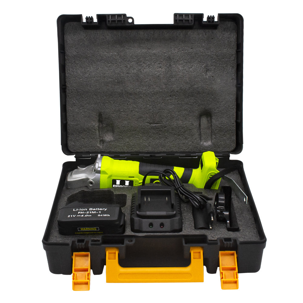 HyperTool Cordless Angle Grinder 21V Power Grinder 2 .0Ah Li-ion Battery Brushless Motor 4-1/2'' Blade for Metal Wood (FH-6521JM)