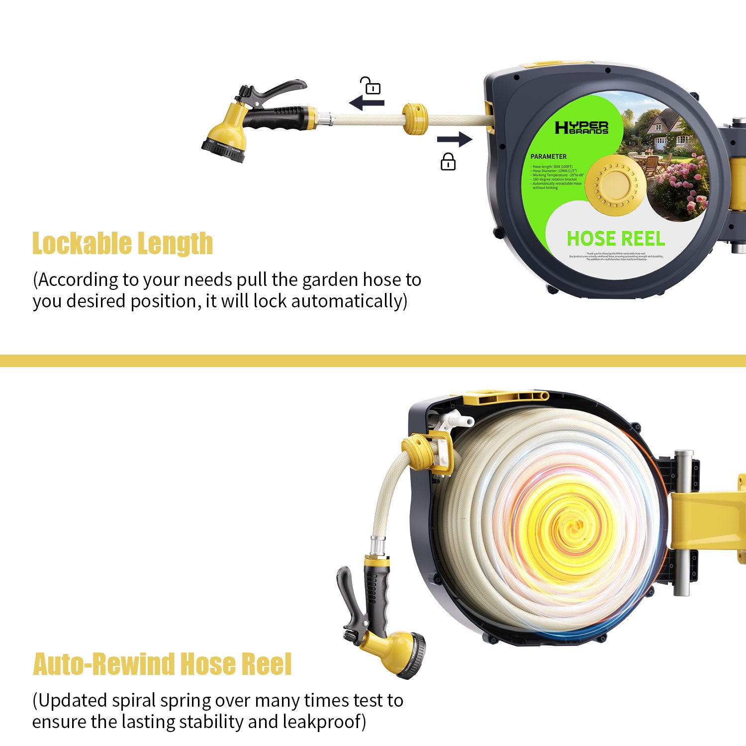 HyperHose Retractable Garden Hose HL-30M Reel Wall Mount, 3/4 100 ft Automatic Garden Hose Reel and 10 Pattern Hose Nozzle done