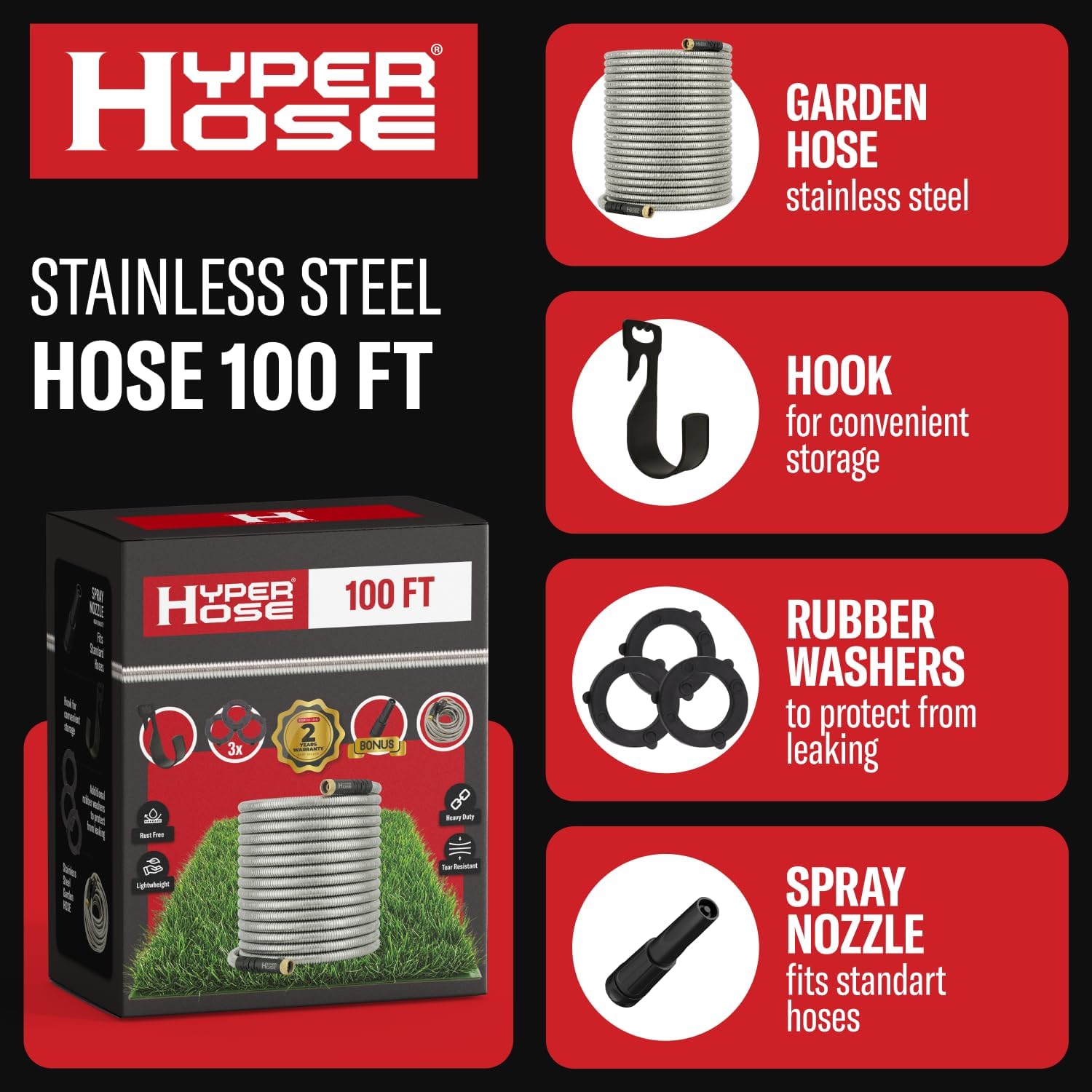 HyperHose Best 100 ft Metal Garden Hose - No-Kink Durable 316 Stainless Steel, Spray Nozzle & Hook – Tough Flexible Heavy Duty Water Hoses, Naval Brass, Rust, Weather, LeakProof