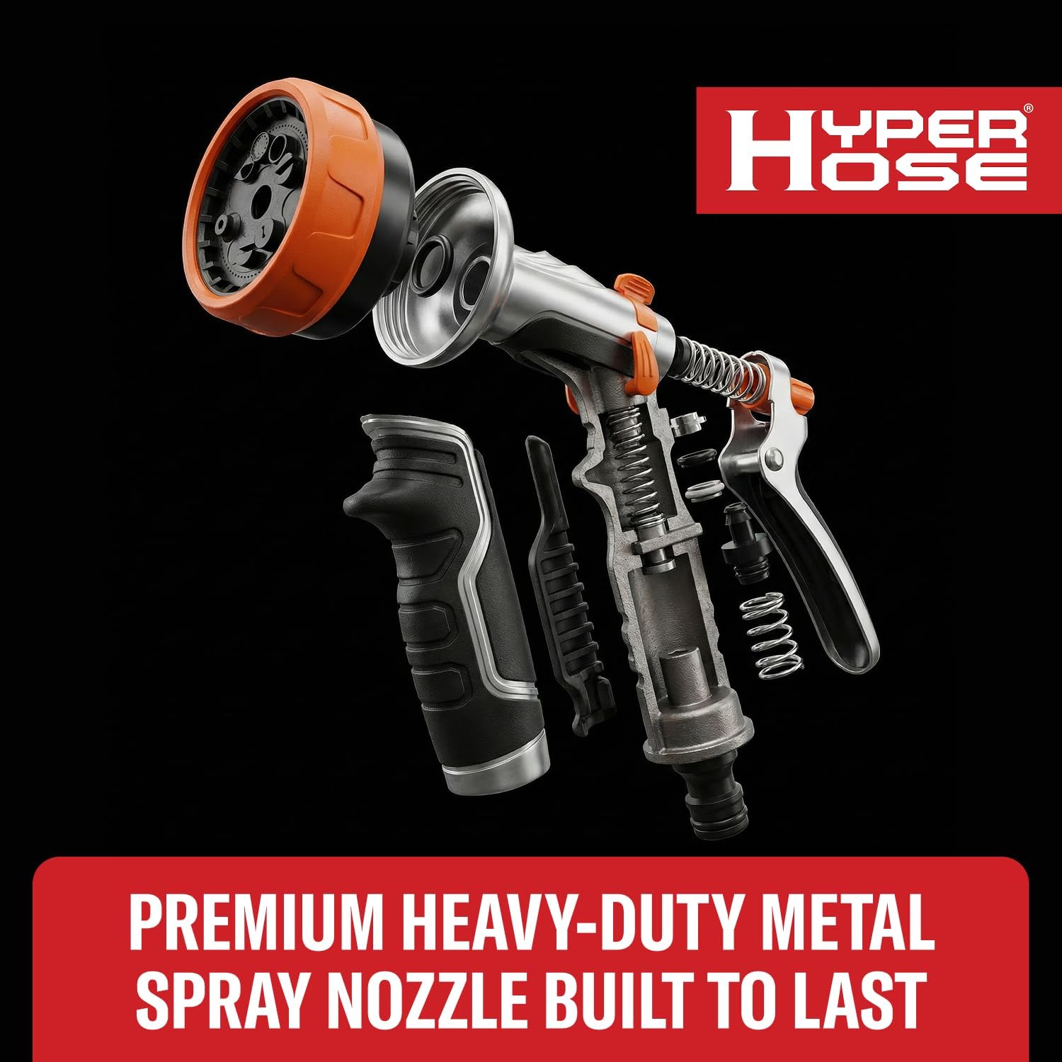 HyperHose Heavy-Duty Metal Garden Hose Nozzle Sprayer- 316 Stainless Steel - High-Pressure 120 PSI - Multi-Function Spray with Ergonomic Handle - 10 Way