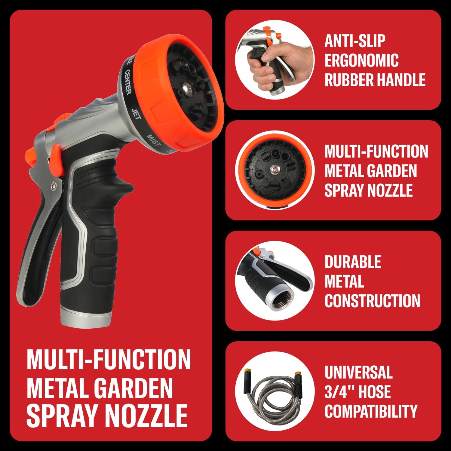 HyperHose Heavy-Duty Metal Garden Hose Nozzle Sprayer- 316 Stainless Steel - High-Pressure 120 PSI - Multi-Function Spray with Ergonomic Handle - 10 Way