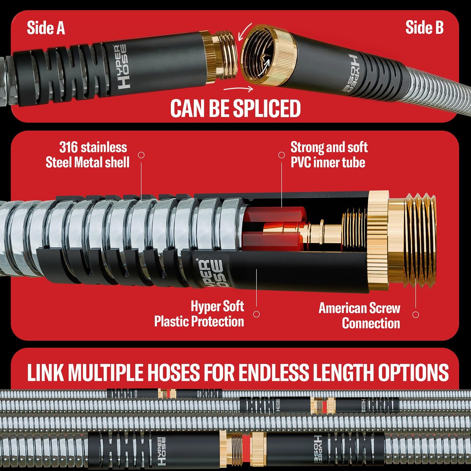 HyperHose Best 100 ft Metal Garden Hose - No-Kink Durable 316 Stainless Steel, Spray Nozzle & Hook – Tough Flexible Heavy Duty Water Hoses, Naval Brass, Rust, Weather, LeakProof