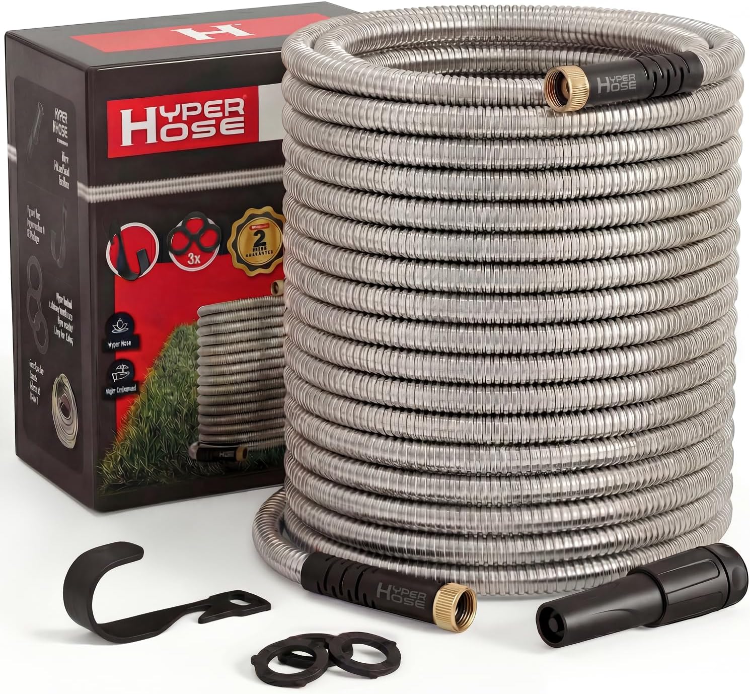 HyperHose Best 100 ft Metal Garden Hose - No-Kink Durable 316 Stainless Steel, Spray Nozzle & Hook – Tough Flexible Heavy Duty Water Hoses, Naval Brass, Rust, Weather, LeakProof