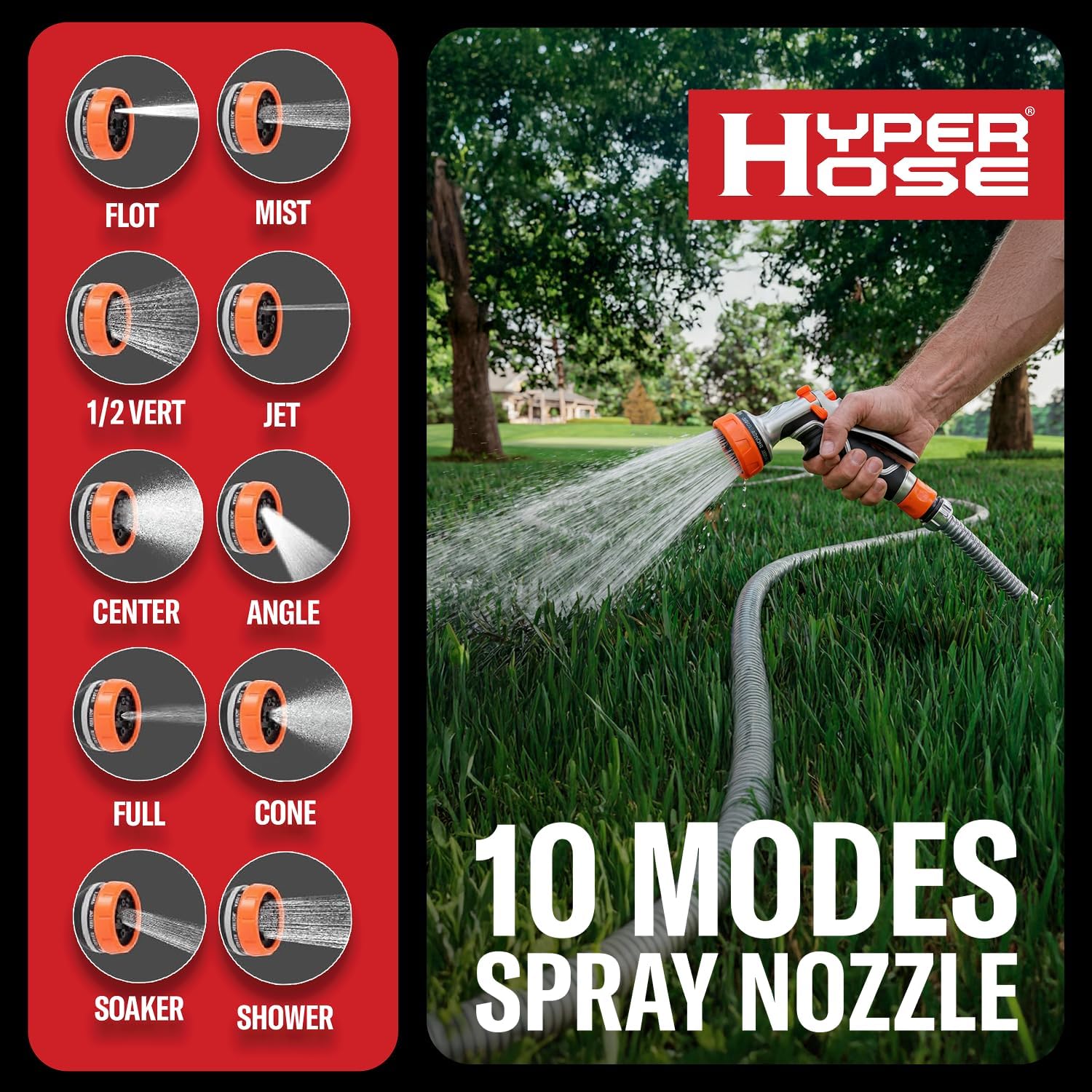HyperHose Heavy-Duty Metal Garden Hose Nozzle Sprayer- 316 Stainless Steel - High-Pressure 120 PSI - Multi-Function Spray with Ergonomic Handle - 10 Way