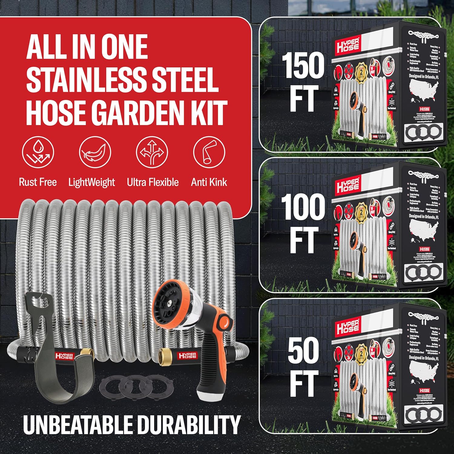 HyperHose Best 100 ft Metal Garden Hose Set - No-Kink Durable 316 Stainless Steel, 10-Way Zync Spray Nozzle & Hook – Tough Flexible Heavy Duty Water Hoses, Naval Brass, Rust, Weather, LeakProof