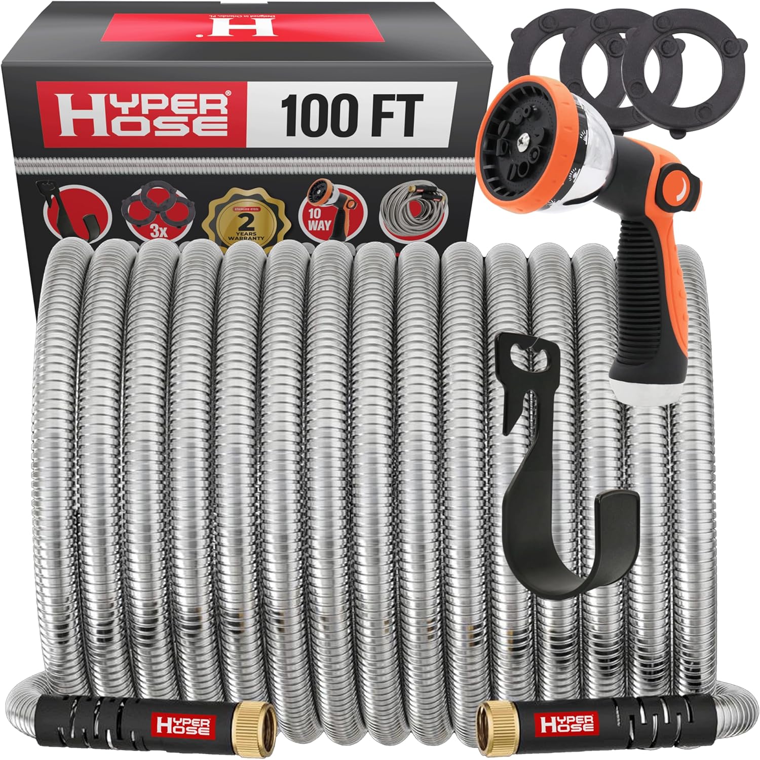 HyperHose Best 100 ft Metal Garden Hose Set - No-Kink Durable 316 Stainless Steel, 10-Way Zync Spray Nozzle & Hook – Tough Flexible Heavy Duty Water Hoses, Naval Brass, Rust, Weather, LeakProof