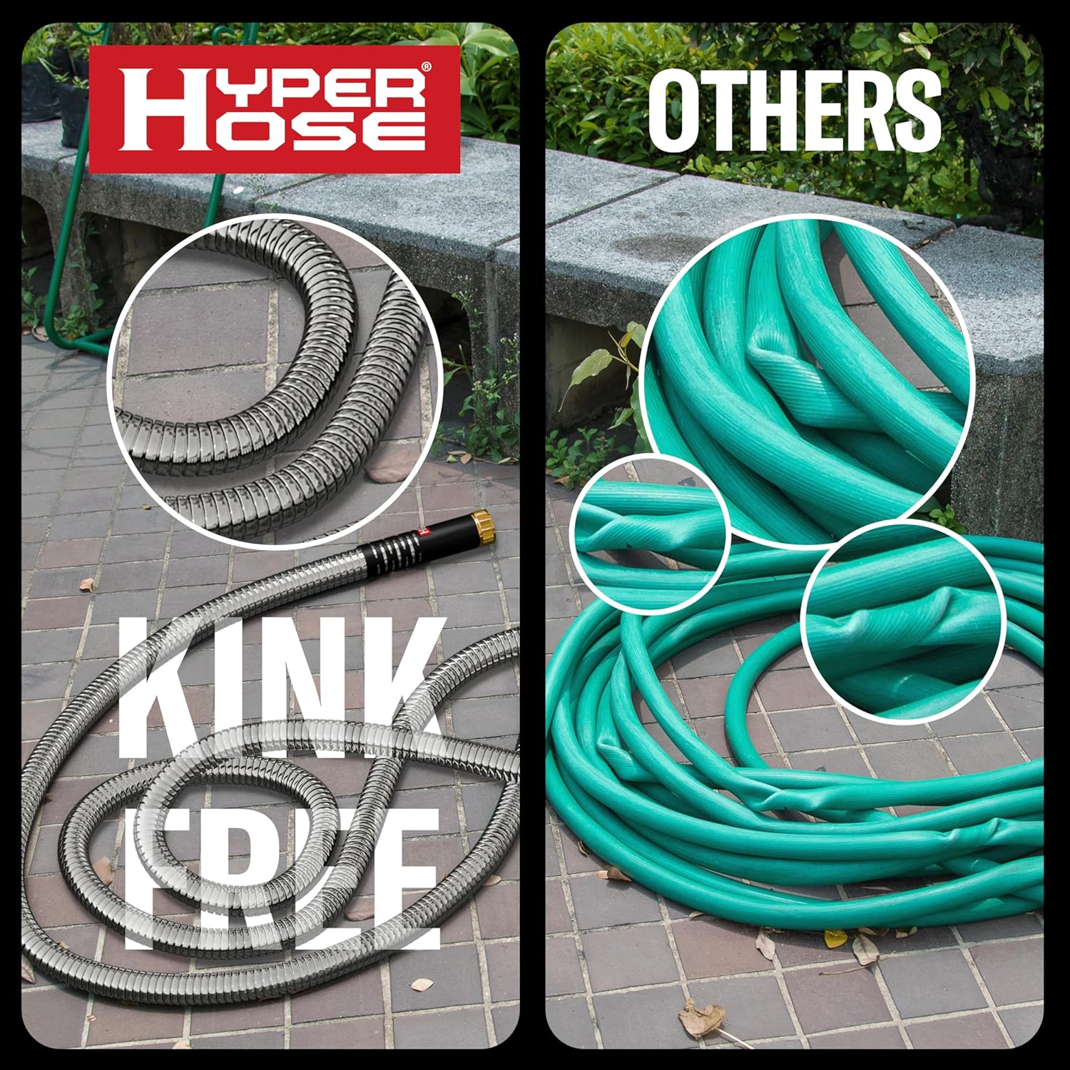 HyperHose Best 50 ft Metal Garden Hose Set - No-Kink Durable 316 Stainless Steel, 10-Way Zync Spray Nozzle & Hook – Tough Flexible Heavy Duty Water Hoses, Naval Brass, Rust, Weather, LeakProof