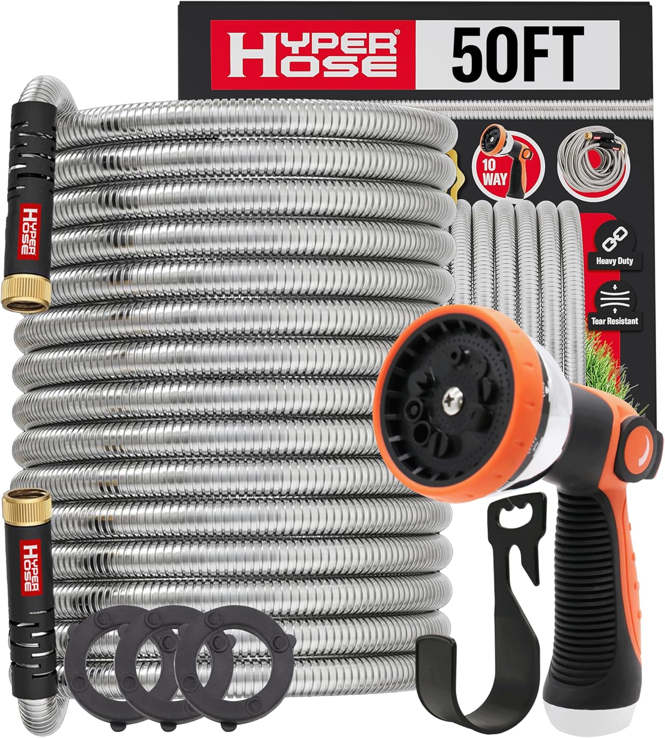 HyperHose Best 50 ft Metal Garden Hose Set - No-Kink Durable 316 Stainless Steel, 10-Way Zync Spray Nozzle & Hook – Tough Flexible Heavy Duty Water Hoses, Naval Brass, Rust, Weather, LeakProof