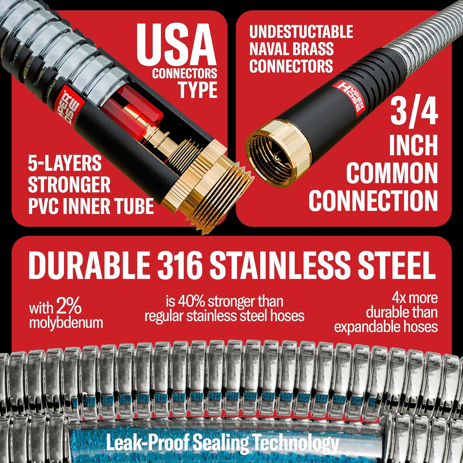 HyperHose Best 75 ft Metal Garden Hose Set - No-Kink Durable 316 Stainless Steel, 10-Way Zync Spray Nozzle & Hook – Tough Flexible Heavy Duty Water Hoses, Naval Brass, Rust, Weather, LeakProof