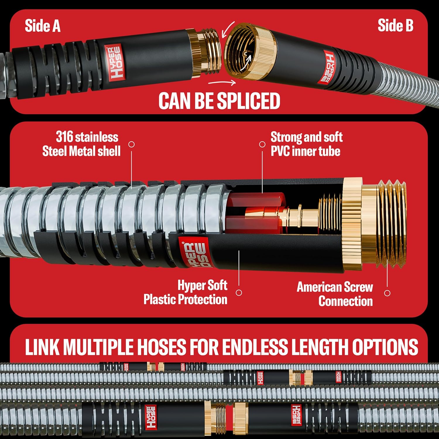 HyperHose Best 150 ft Metal Garden Hose Set - No-Kink Durable 316 Stainless Steel, 10-Way Zync Spray Nozzle & Hook – Tough Flexible Heavy Duty Water Hoses, Naval Brass, Rust, Weather, LeakProof
