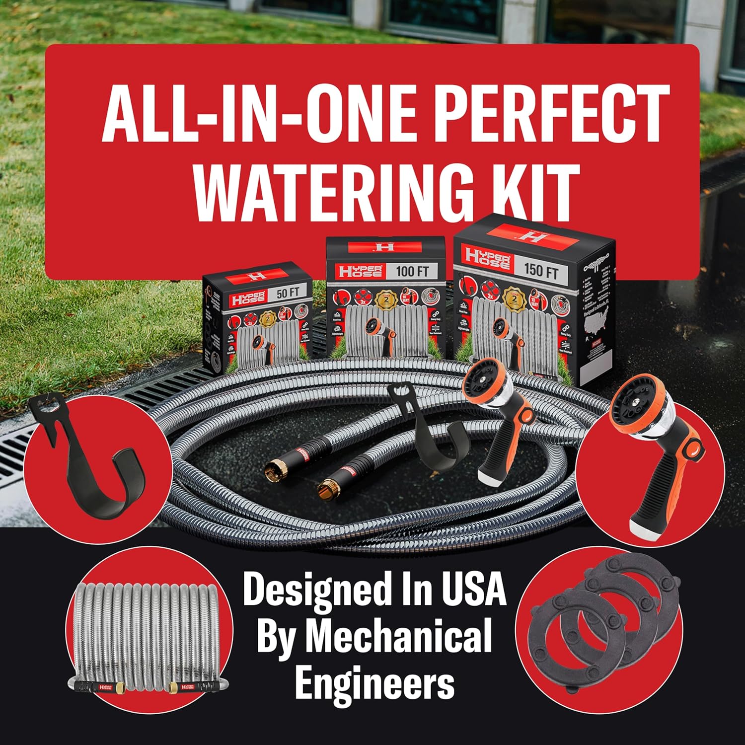 HyperHose Best 150 ft Metal Garden Hose Set - No-Kink Durable 316 Stainless Steel, 10-Way Zync Spray Nozzle & Hook – Tough Flexible Heavy Duty Water Hoses, Naval Brass, Rust, Weather, LeakProof