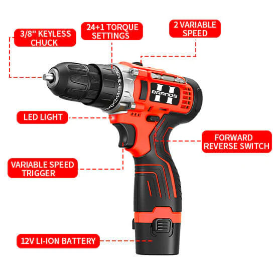 HyperTool Home Improvement and DIY Projects 12V Cordless Drill 28 Sets with Versatile Drill Kits and Essential Tools (FH-28SETS-1)