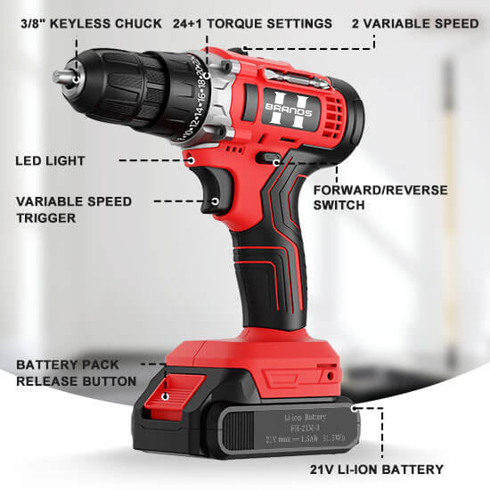 HyperTool High-Powered 21V Cordless Electric Driver Drill for Home and Wood to Screw and Drill (FH-6918S-1)