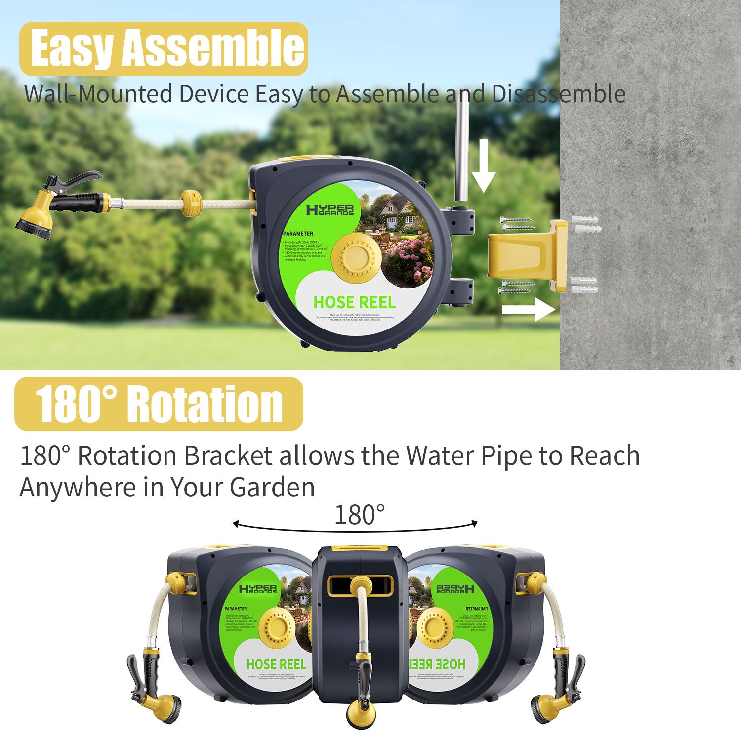 HyperHose Retractable Garden Hose HL-30M Reel Wall Mount, 3/4 100 ft Automatic Garden Hose Reel and 10 Pattern Hose Nozzle done