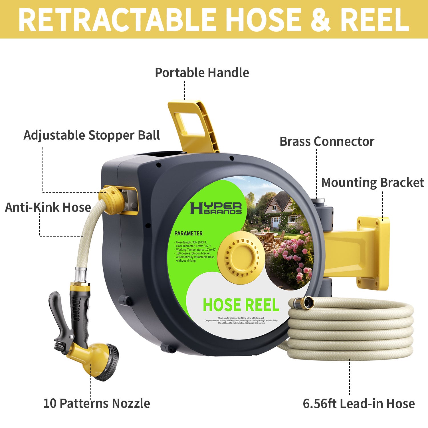 HyperHose Retractable Garden Hose HL-30M Reel Wall Mount, 3/4 100 ft Automatic Garden Hose Reel and 10 Pattern Hose Nozzle done