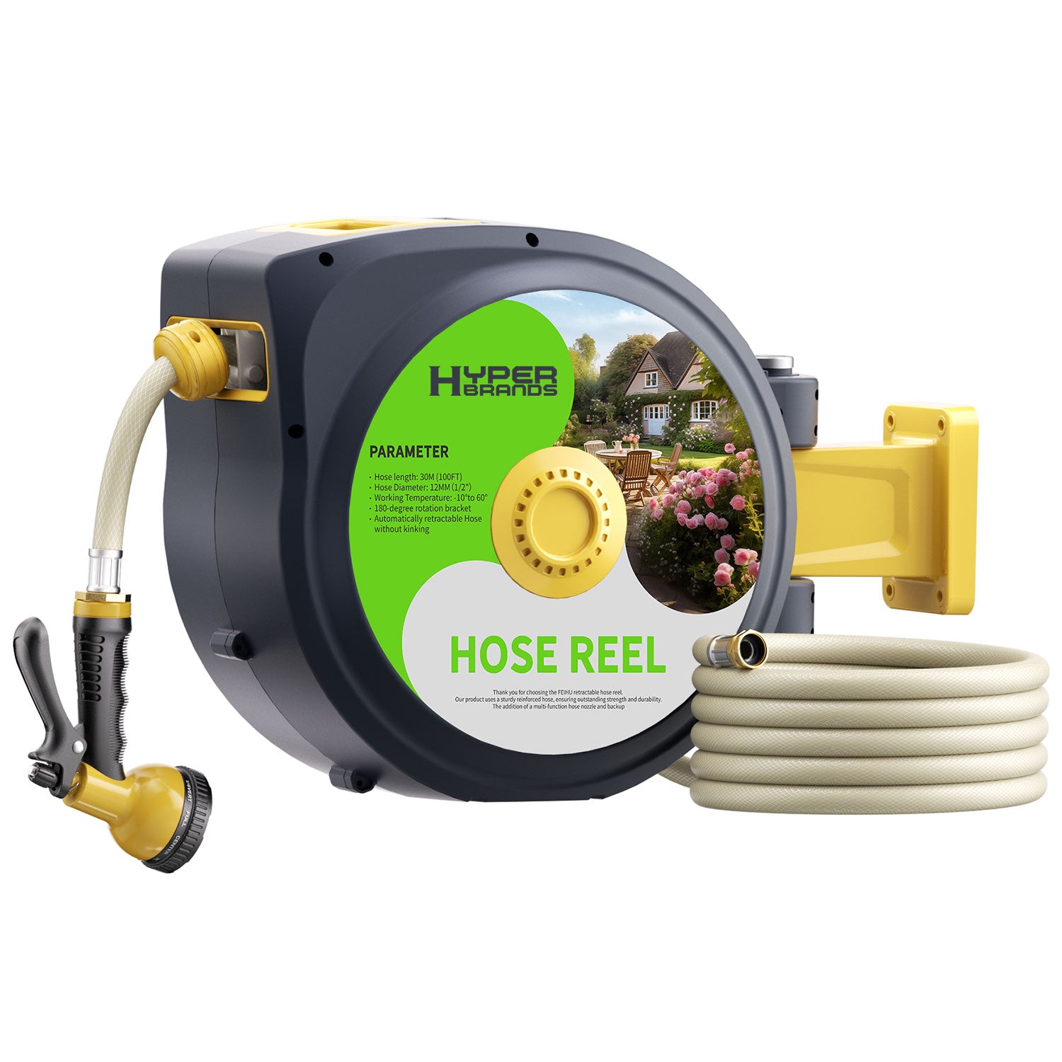 HyperHose Retractable Garden Hose HL-30M Reel Wall Mount, 3/4 100 ft Automatic Garden Hose Reel and 10 Pattern Hose Nozzle done